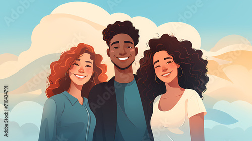 Group of three people smiling together, flat vector illustration photo