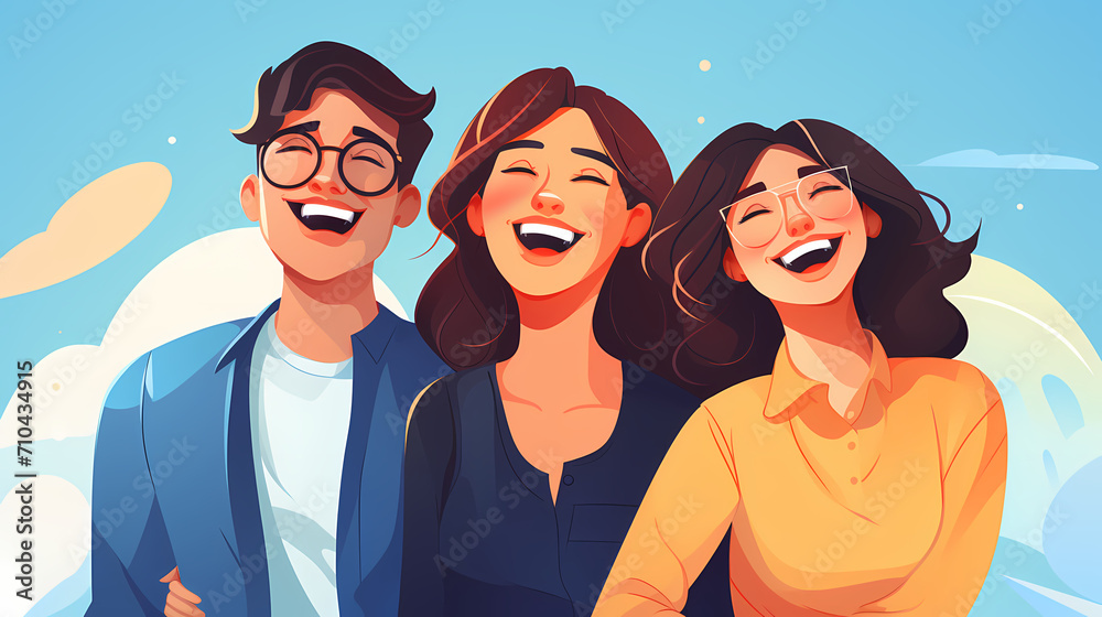 Group of three people smiling together, flat vector illustration - obrazy, fototapety, plakaty 