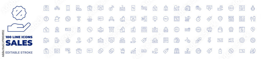 100 icons Sales collection. Thin line icon. Editable stroke. Sales icons for web and mobile app.