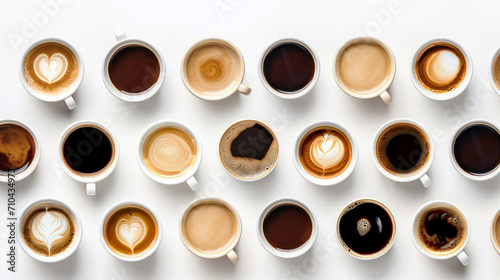 Top view, selection of many different coffees including black, cappuccino, latte on white table, flat lay