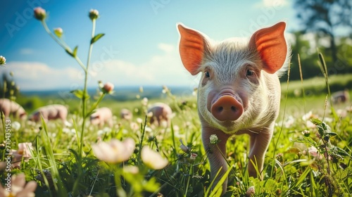 a little funny pig looks at the camera and walks through a flowering meadow on a farm on a sunny warm day