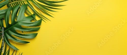 Top view of paper cut green palm and monstera leaves copy space on yellow background. Generate AI