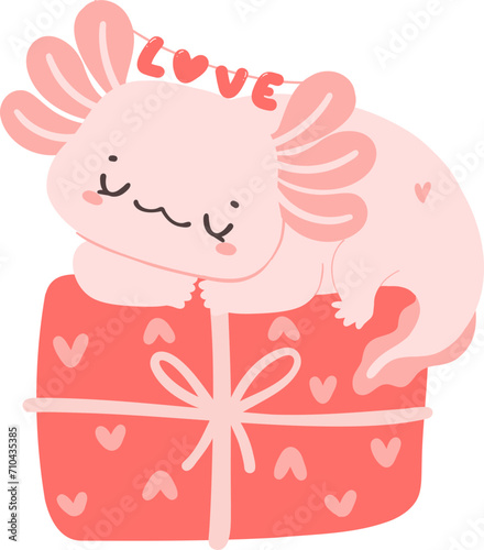 Axolotl Valentine, kawaii Salamander cartoon drawing
