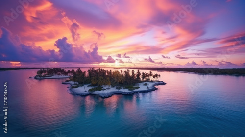 Aerial view of beautiful tropical island at sunset or sunrise