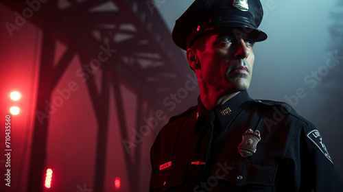 Cinematic shot of a cop near a fog covered bridge