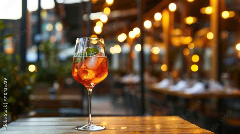 Aperol Spritz cocktail served outside on cafe table, evening lights