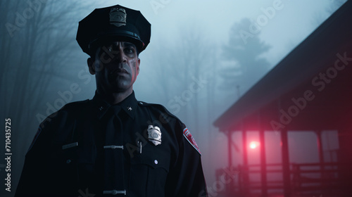 Cinematic shot of a cop near a fog covered bridge photo