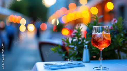 Red citrus cocktail with ice on cafe table served outside  summer night