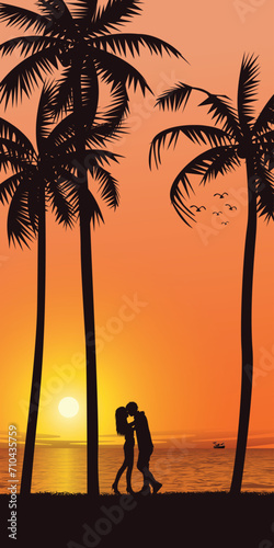 Silhouette of palm tree and lover kissing at seaside with sunset background vector illustration. Sweetheart's honeymoon concept flat design vertical shape.