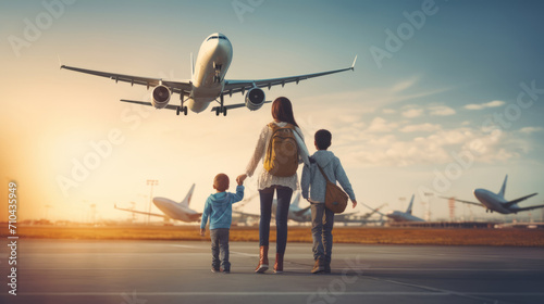 Family in the airport outdoors against big plane