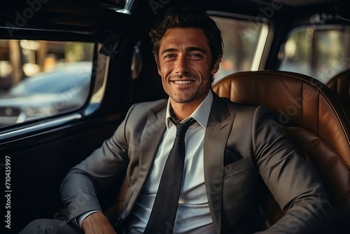 Attractive elegant happy man in good car. © AI_images_for_people