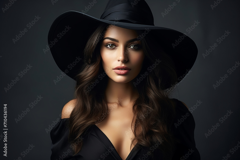 Dramatic dark studio portrait of elegant and sexy young woman in black wide hat and black dress. Dramatic dark studio portrait of elegant and sexy young woman in black wide hat and black dress.