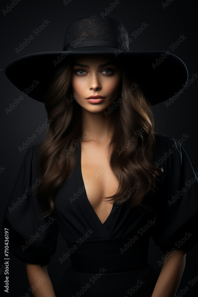 Dramatic dark studio portrait of elegant and sexy young woman in black wide hat and black dress. Dramatic dark studio portrait of elegant and sexy young woman in black wide hat and black dress.