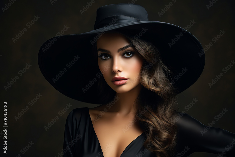 Dramatic dark studio portrait of elegant and sexy young woman in black wide hat and black dress. Dramatic dark studio portrait of elegant and sexy young woman in black wide hat and black dress.
