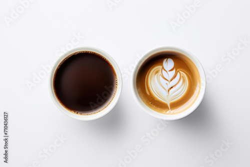 Two coffees including black and latte on white table