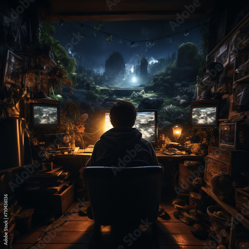 Concept of gaming addiction, featuring back view of a boy sitting in a dark room, lit by the glow of a screen. Capturing immersive nature of excessive gaming and its potential risks.