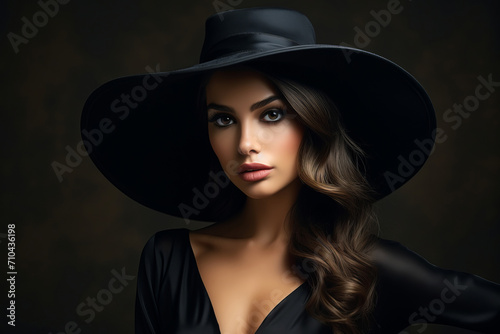Dramatic dark studio portrait of elegant and sexy young woman in black wide hat and black dress.