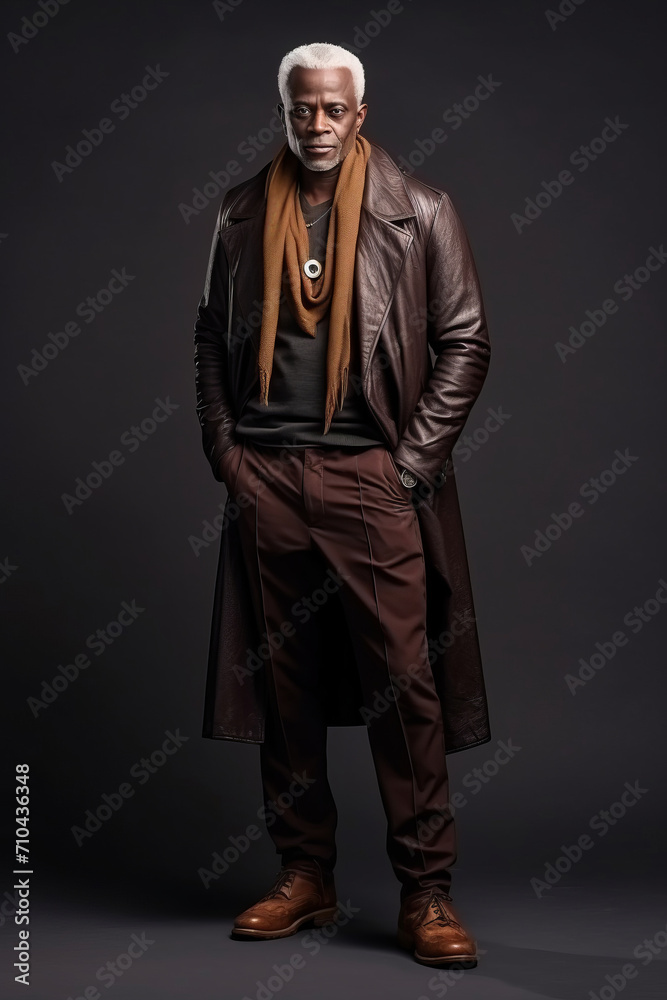 full-length photo in the studio of a dark-skinned handsome guy with white hair and blue eyes standing on a dark background with a serious facial expression in brown. full-length photo in the studio of a dark-skinned handsome guy with white hair and blue eyes standing on a dark background with a serious facial expression in brown.