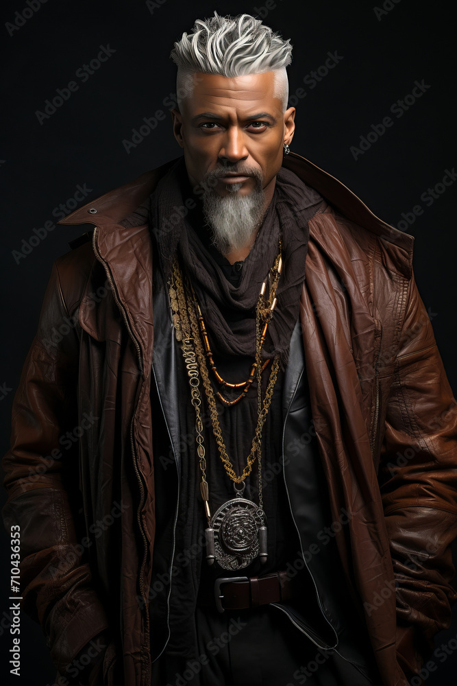 Obraz premium full-length photo in the studio of a dark-skinned handsome guy with white hair and blue eyes standing on a dark background with a serious facial expression in brown.