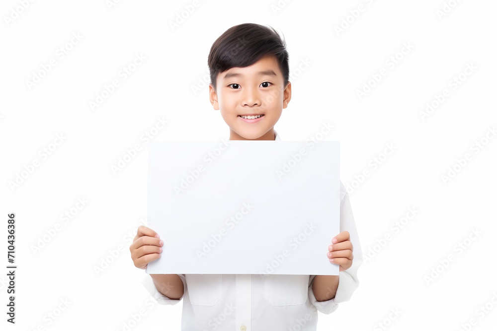 Happy Asian Scholl boy holding blank white banner sign, isolated studio portrait . Happy Asian Scholl boy holding blank white banner sign, isolated studio portrait .