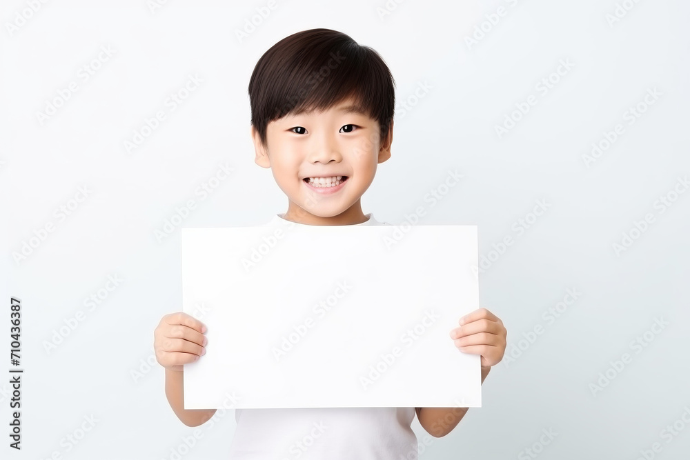 Happy Asian Scholl boy holding blank white banner sign, isolated studio portrait . Happy Asian Scholl boy holding blank white banner sign, isolated studio portrait .