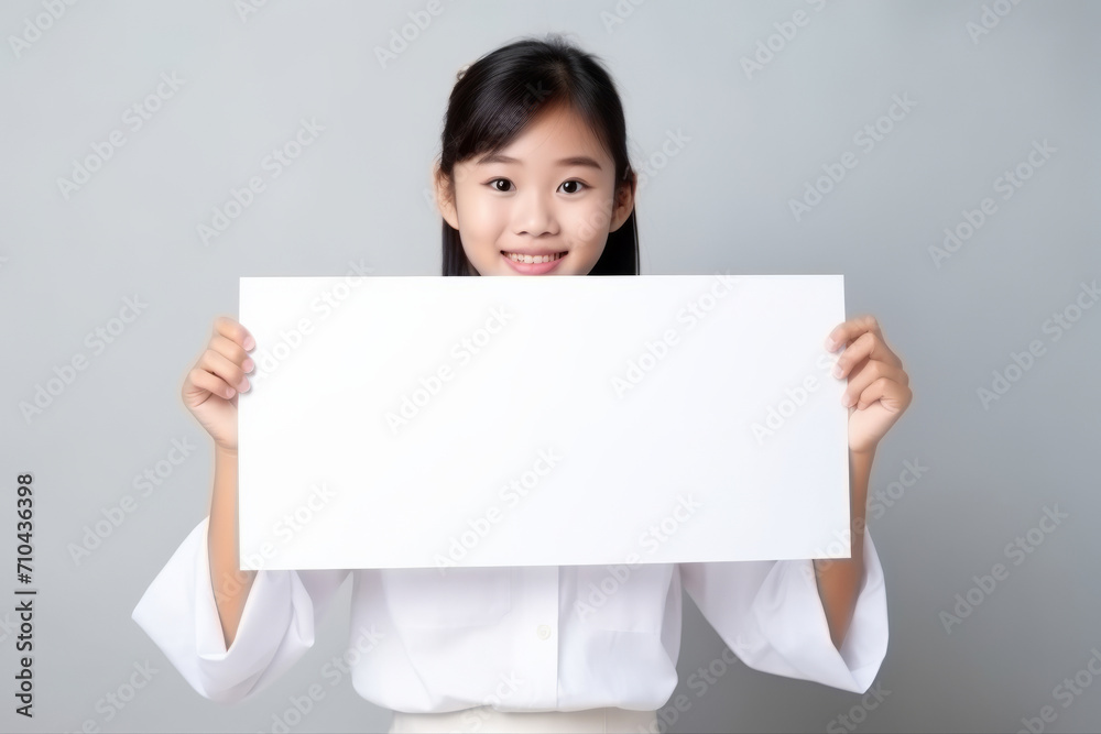 Happy asian scholl girl holding blank white banner sign, isolated studio portrait. Happy asian scholl girl holding blank white banner sign, isolated studio portrait.