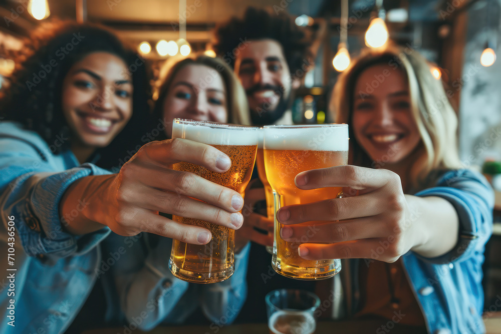 Young people drinking pints of beer in a brewery Young people drinking pints of beer in a brewery