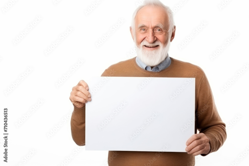 Happy old man holding blank white banner sign, isolated studio portrait. Happy old man holding blank white banner sign, isolated studio portrait.