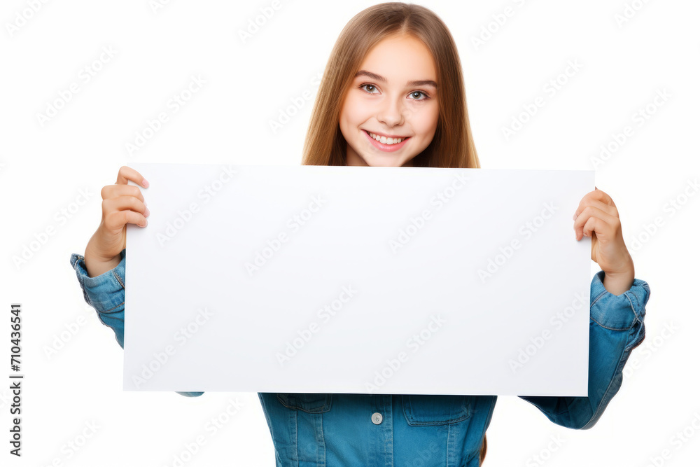 Happy Scholl girl holding blank white banner sign, isolated studio portrait. Happy Scholl girl holding blank white banner sign, isolated studio portrait.