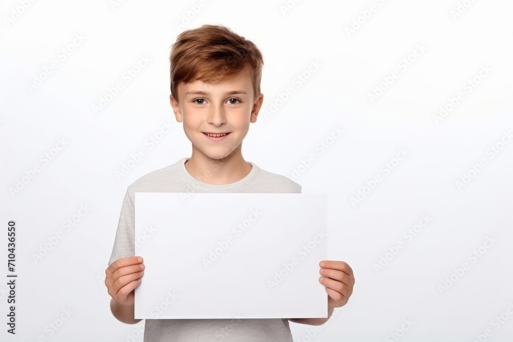 Happy Scholl boy holding blank white banner sign, isolated studio portrait. Happy Scholl boy holding blank white banner sign, isolated studio portrait.