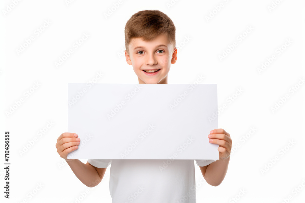 Happy Scholl boy holding blank white banner sign, isolated studio portrait. Happy Scholl boy holding blank white banner sign, isolated studio portrait.