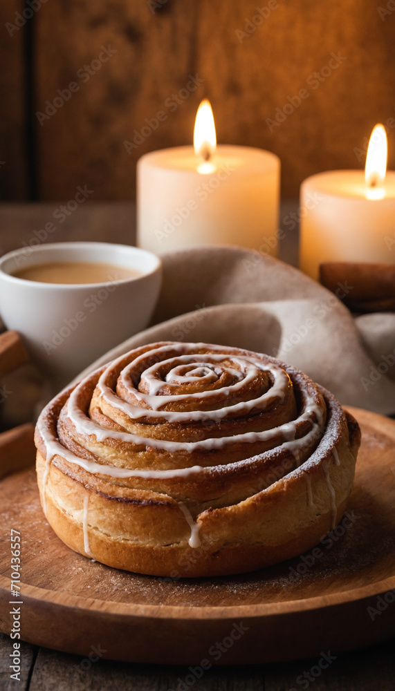 A Close up of Healthy Style Cinnamon roll sits on a plate with candle A Close up of Healthy Style Cinnamon roll sits on a plate with candle