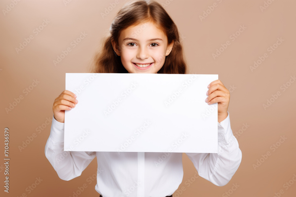 Happy Scholl girl holding blank white banner sign, isolated studio portrait. Happy Scholl girl holding blank white banner sign, isolated studio portrait.