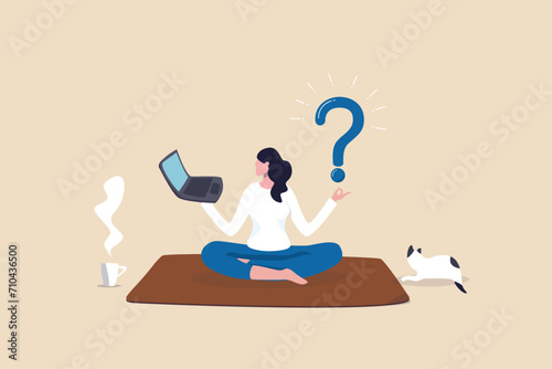 Solve problem, contemplation or relaxation help find solution, focus or calm mindfulness to get answer, understanding or brainstorming concept, businesswoman lotus meditate to solve work problem.