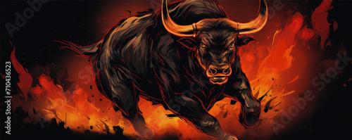 Angry bull run in fire background. Business bull markets
