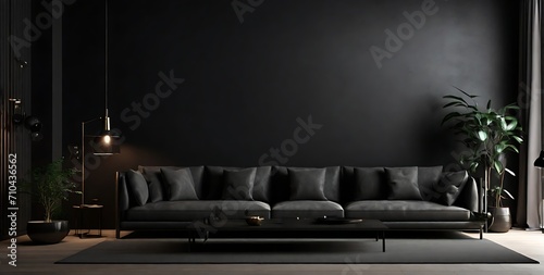 dark living room interior with black sofa