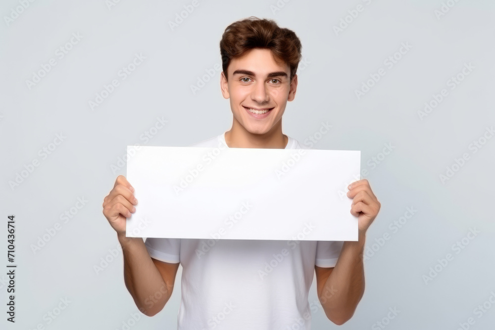 Happy young man holding blank white banner sign, isolated studio portrait. Happy young man holding blank white banner sign, isolated studio portrait.
