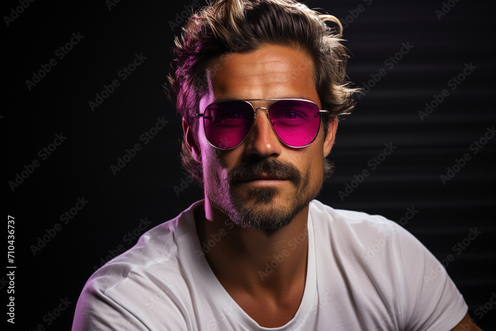 Neon light studio close-up portrait of serious man model with mustaches and beard in sunglasses and white t-shirt on dark studio background. Neon light studio close-up portrait of serious man model with mustaches and beard in sunglasses and white t-shirt on dark studio background.