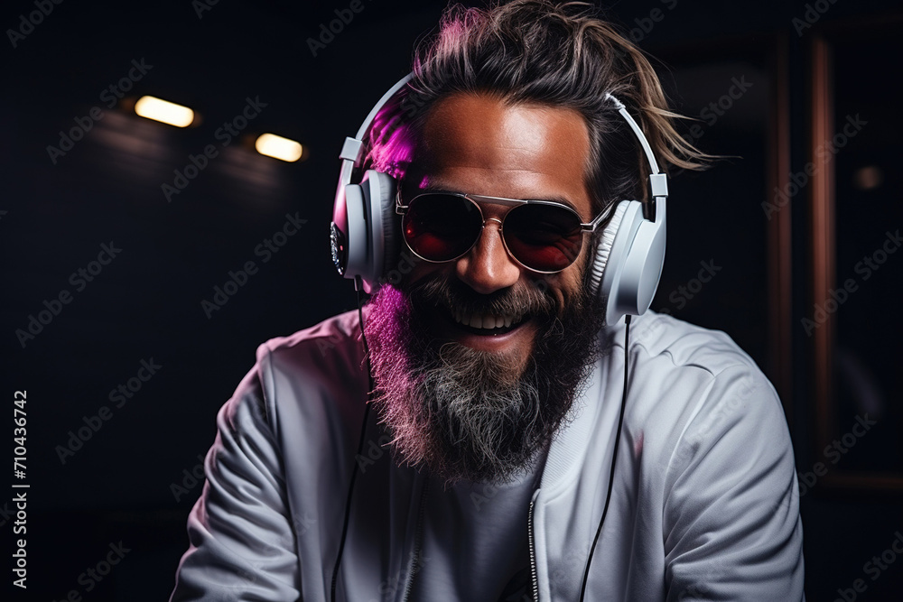 Neon portrait of bearded smiling man in headphones, sunglasses, white t-shirt. Listening to music. Neon portrait of bearded smiling man in headphones, sunglasses, white t-shirt. Listening to music.