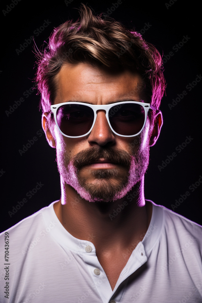 Neon light studio close-up portrait of serious man model with mustaches and beard in sunglasses and white t-shirt on dark studio background. Neon light studio close-up portrait of serious man model with mustaches and beard in sunglasses and white t-shirt on dark studio background.