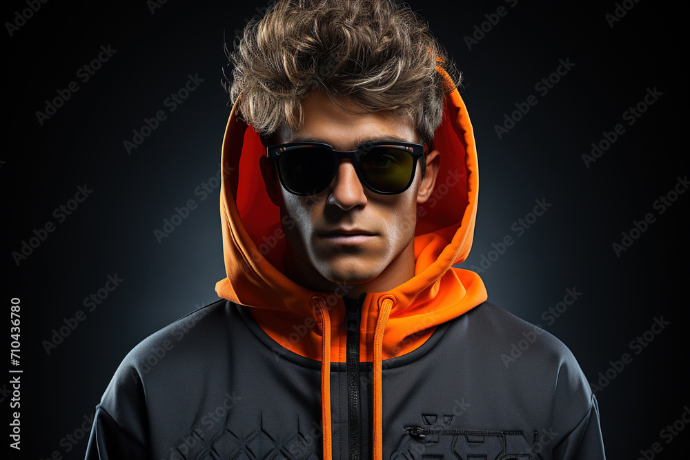 Neon portrait of young man in round sunglasses and hoodie. Studio shot.