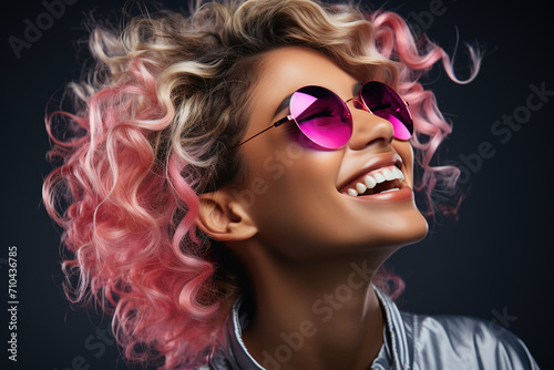 Neon portrait of smiling woman in headphones, sunglasses, white t-shirt. Listening to music.