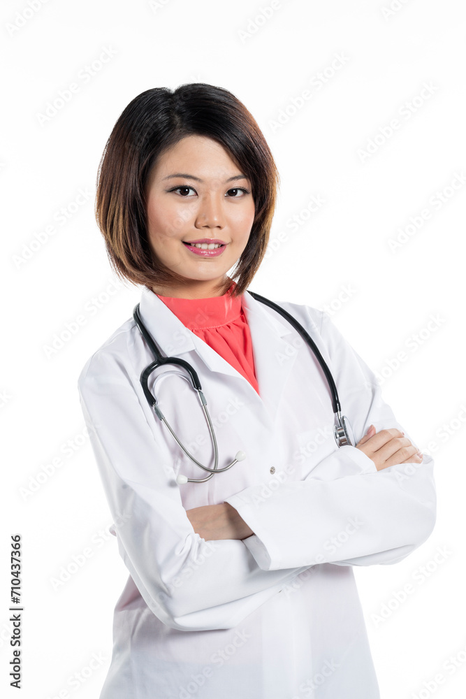 Chinese female doctor wearing a white coat with stethoscope. Chinese female doctor wearing a white coat with stethoscope.