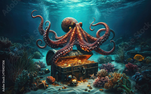 Octopus at the bottom of the sea guards a treasure chest, gold coins