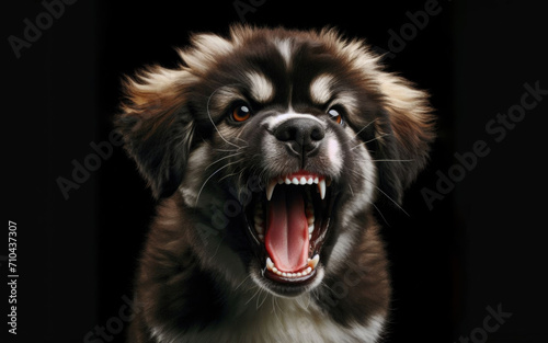 Angry dog on a black background. black pet bark on dark.
