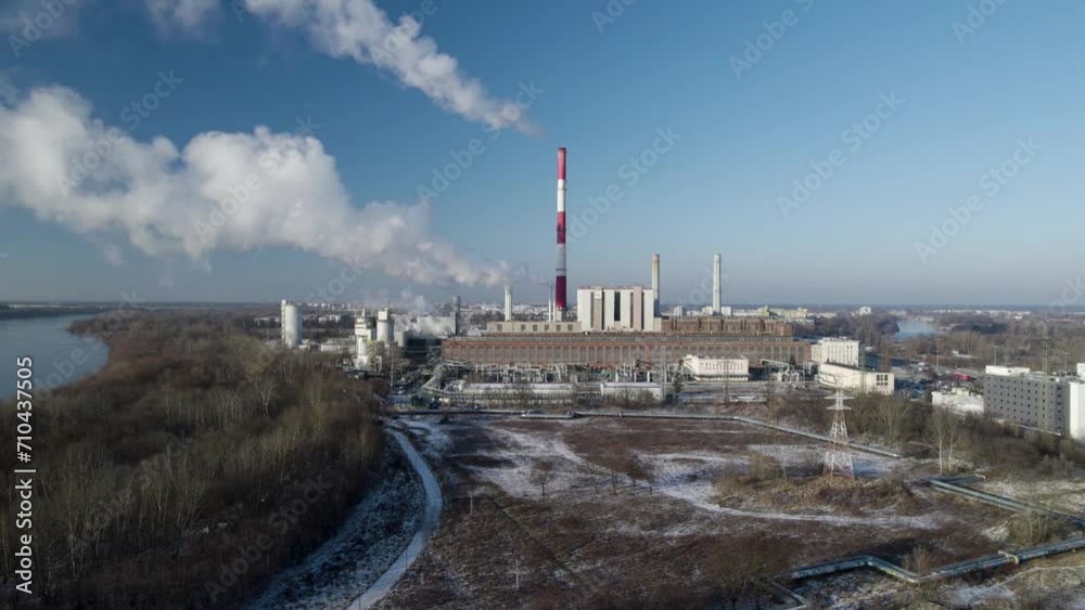 Aerial Drone Fly approaching Thermal Power Plant, Smoking Chimney over Skyline Aerial Drone Fly approaching Thermal Power Plant, Smoking Chimney over Skyline