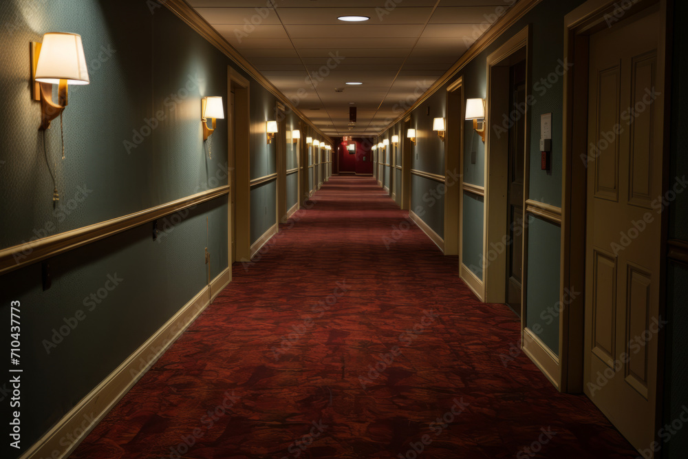 Hotel corridor, artificial lighting