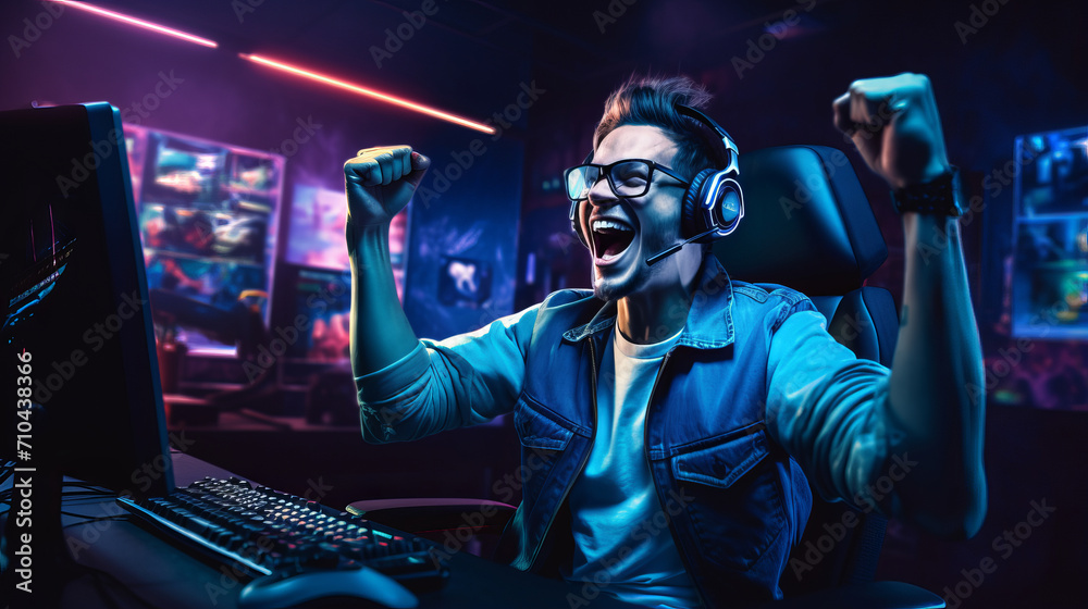 Cheerful funny professional gamer is celebrating victory Cheerful funny professional gamer is celebrating victory