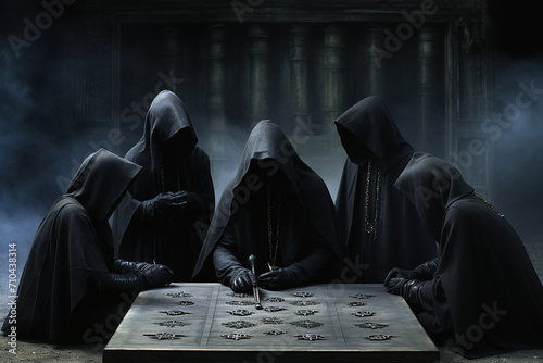 Shadowy figures in hooded cloaks gathered around an ancient, rune-engraved table, creating a sense of mystery and arcane ritual. photo