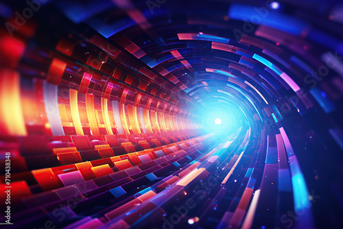A dynamic, high-energy depiction of a blue and red digital tunnel with a light source at the far end, suggesting speed and technology.